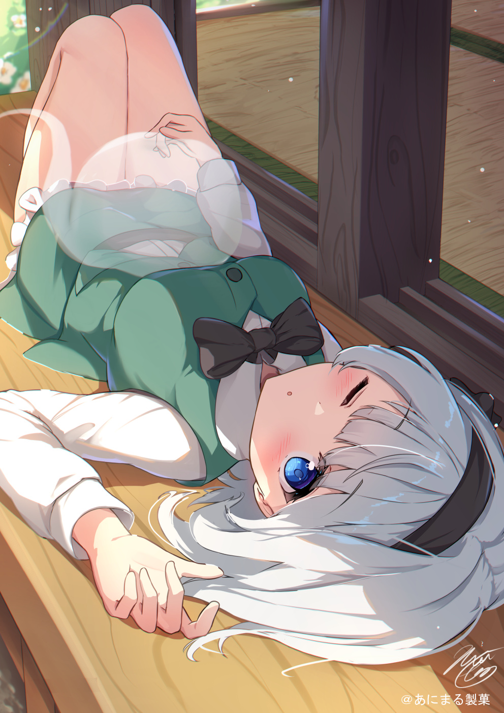 1girl, black_bow, black_hairband, black_ribbon, blue_eyes, blush, bow, breasts