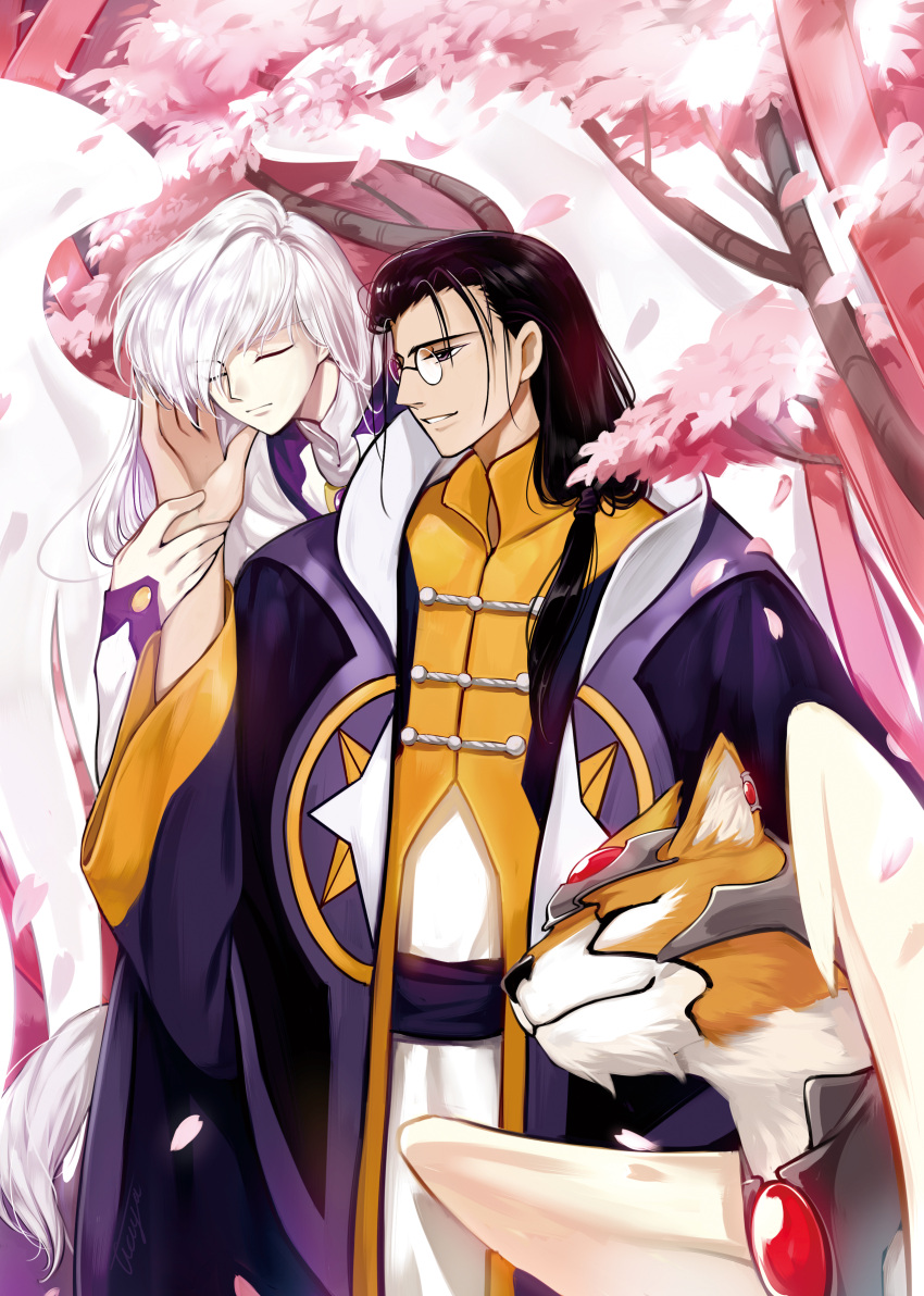 2boys, absurdres, angel_wings, armored_animal, black_hair, cardcaptor_sakura, cherry_blossoms, chest_jewel