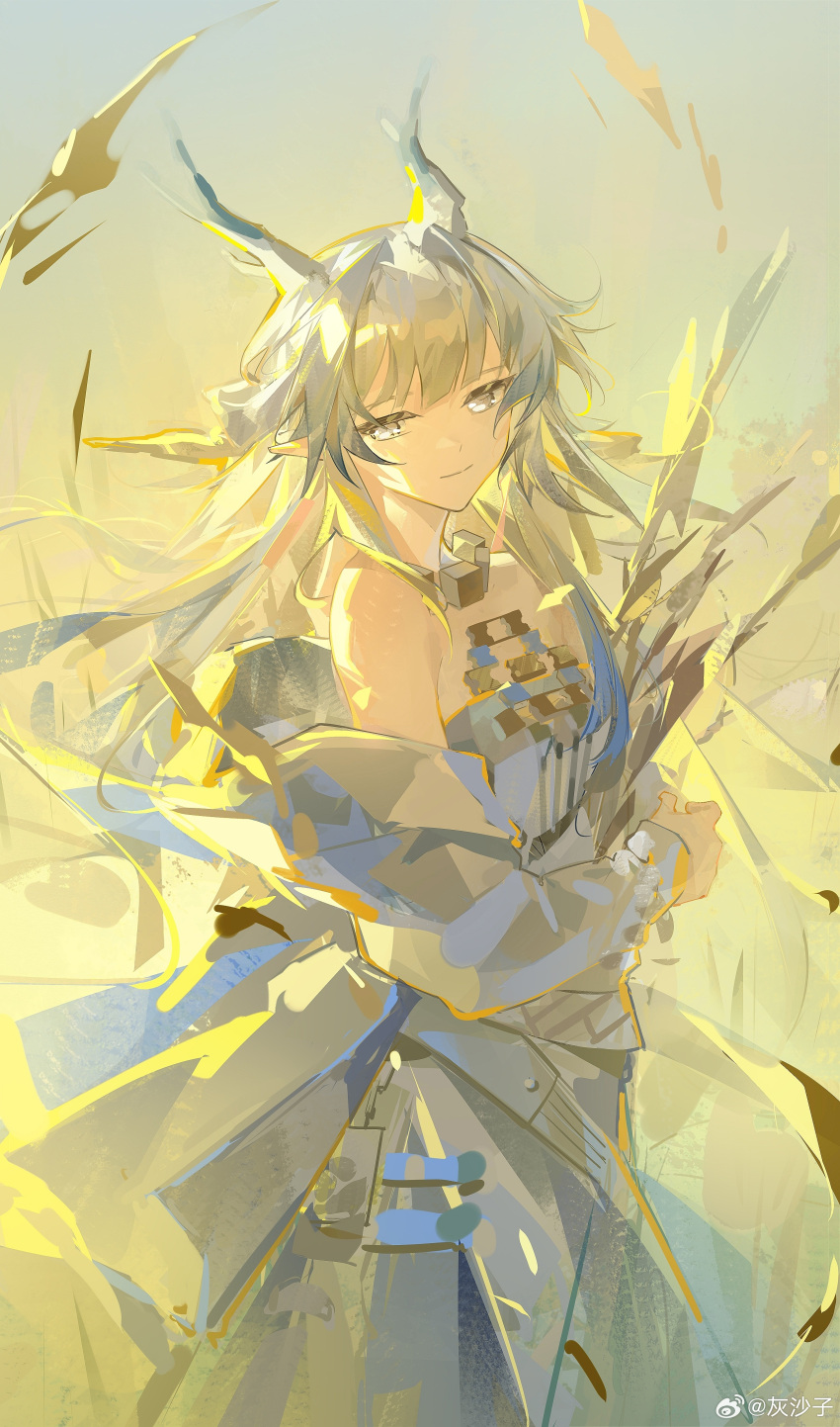 1girl, absurdres, arknights, bare_shoulders, closed_mouth, commentary_request, cowboy_shot, dragon_girl