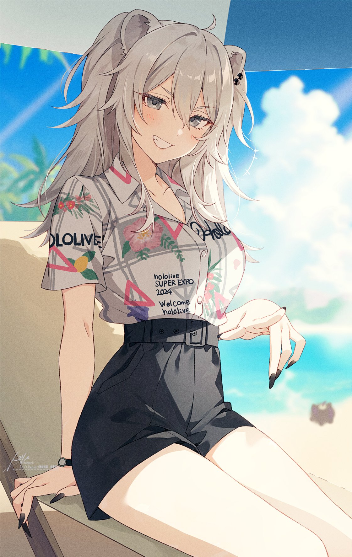 1girl, ahoge, animal_ear_piercing, animal_ears, belt, black_belt, black_nails, black_shorts