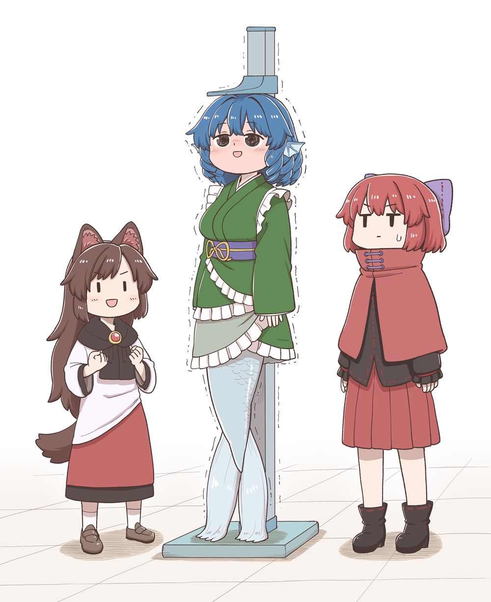 3girls, animal_ear_fluff, animal_ears, black_shirt, blue_hair, bow, brown_hair, clenched_hands, commentary_request, dress, drill_hair, drill_sidelocks, fins, frilled_kimono, frills, green_kimono, hair_bow, head_fins, highres, imaizumi_kagerou, japanese_clothes, kimono, light_blush, long_hair, long_sleeves, mermaid, monster_girl, multiple_girls, obi, open_mouth, pleated_skirt, poronegi, purple_bow, red_brooch, red_skirt, redhead, sash, sekibanki, shirt, shoes, short_hair, sidelocks, skirt, smile, stadiometer, tail, touhou, trembling, wakasagihime, wide_sleeves, wolf_ears, wolf_girl, wolf_tail