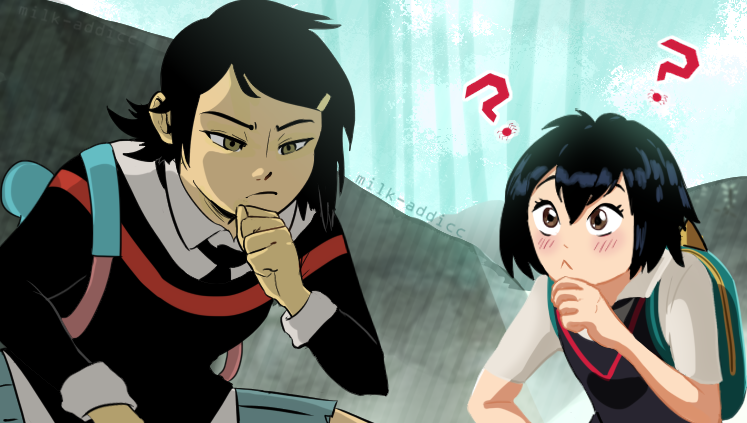 2girls, ?, age_comparison, backpack, bag, black_hair, black_necktie, black_sweater_vest, brown_eyes, collared_shirt, commentary, deviantart_username, dual_persona, english_commentary, green_bag, hair_ornament, hairclip, hand_on_own_chin, learning_to_be_spider-man_(meme), long_sleeves, looking_at_another, looking_down, marvel, medium_hair, meme, milk-addicc, multiple_girls, necktie, peni_parker, scene_reference, school_bag, school_uniform, shirt, short_sleeves, spider-man:_into_the_spider-verse, spider-man_(series), spider-verse, spider-verse_(comics), squatting, sweater_vest, thinking, white_shirt