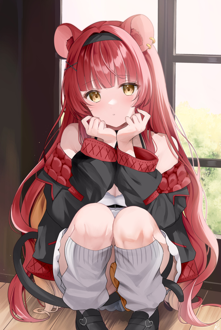 1girl, animal_ears, black_footwear, black_headband, black_jacket, blunt_bangs, commentary_request, commission