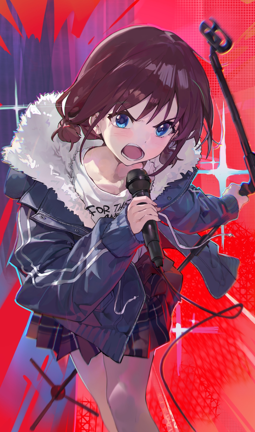 1girl, blue_eyes, blue_jacket, brown_hair, brown_shirt, cable, clothes_writing, commentary
