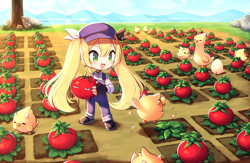1girl, :d, alternate_costume, blonde_hair, blue_hat, blue_overalls, chibi, day