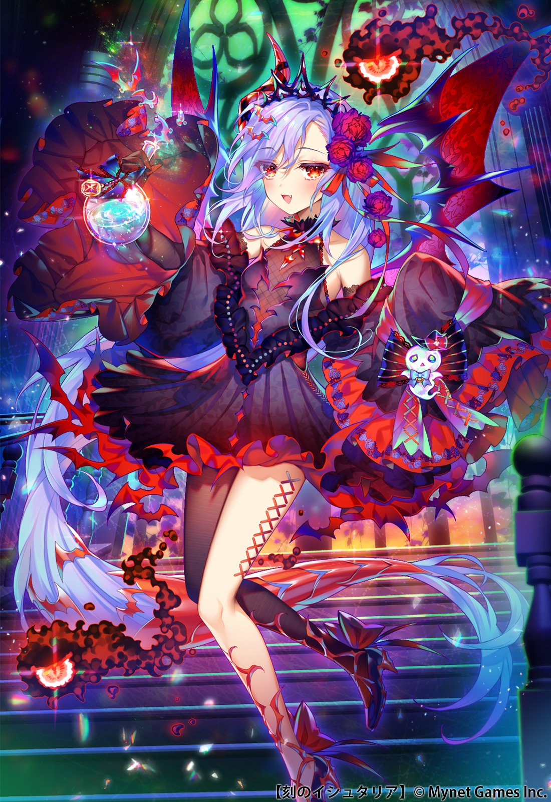 1girl, age_of_ishtaria, bare_shoulders, bat_(animal), bat_wings, black_dress, black_gloves, black_thighhighs