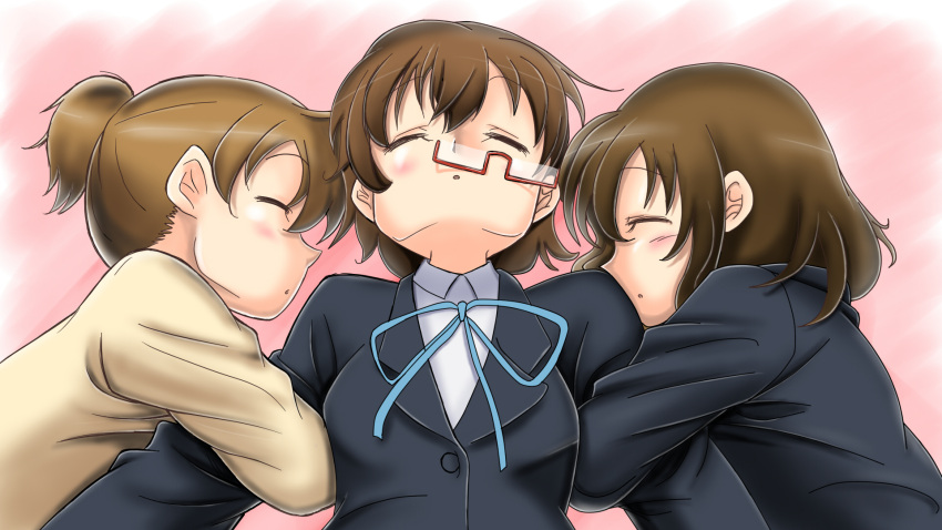 brown_hair, glasses, highres, hirasawa_ui, hirasawa_yui, k-on!, lying, manabe_nodoka, okan, ponytail, school_uniform, short_hair, sleeping