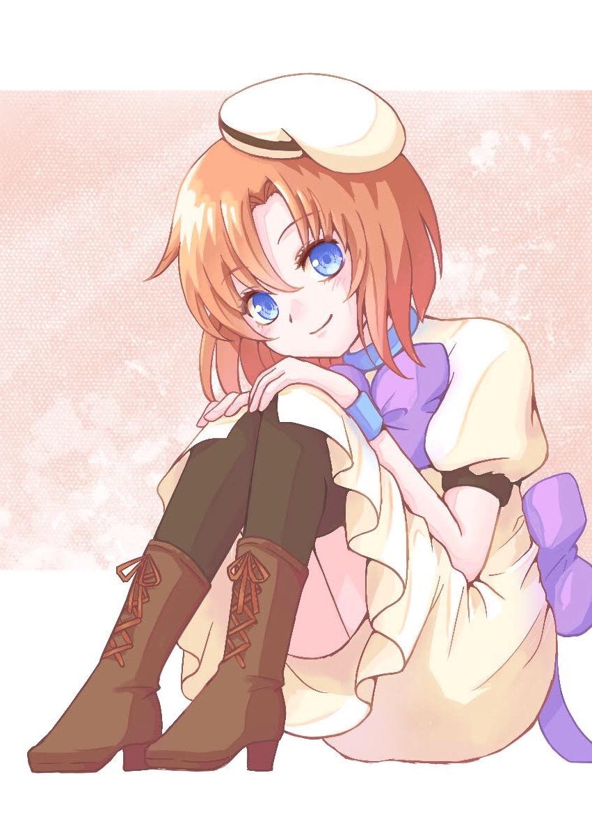 1girl, blue_eyes, blue_hair, brown_footwear, dress, hat, higurashi_no_naku_koro_ni, medium_hair