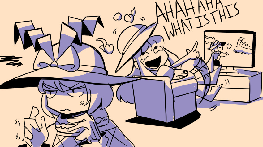 anger_vein, annoyed, chair, closed_eyes, fins, fish, flat_screen_tv, food