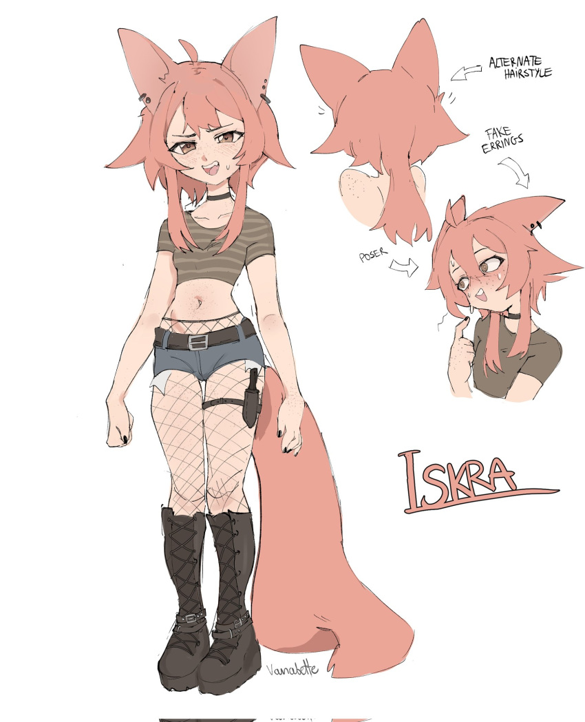 ahoge, animal_ears, belt, black_nails, blush, body_freckles, boots, brown_eyes, character_name, choker, ear_piercing, earrings, english_text, fennec_fox, fishnets, fox_ears, fox_girl, fox_tail, freckles, highres, innie_navel, iskra_(vanabette), jewelry, knife, knife_sheath, midriff, multiple_views, nail_polish, navel, orange_hair, original, piercing, reference_sheet, sheath, shirt, short_shorts, shorts, signature, stomach, striped_clothes, striped_shirt, sweat, sweatdrop, tail, thigh_strap, vanabette