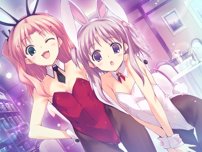 2girls, blush, brown_hair, bunny_ears, bunnygirl, bunnysuit, eyebrows_visible_through_hair, fake_animal_ears
