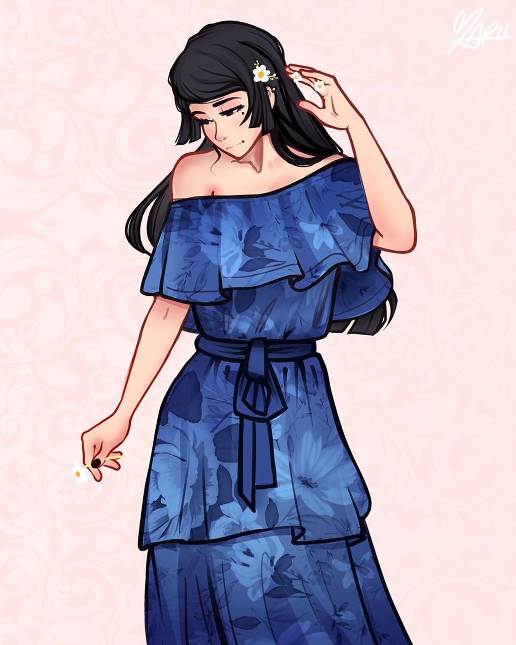 1girl, alternate_costume, bare_shoulders, black_eyes, black_hair, blue_dress, blue_ribbon, blue_sleeves, blunt_ends, bungou_stray_dogs, closed_mouth, collarbone, commentary, cowboy_shot, dress, english_commentary, eyelashes, fashion, floral_print, flower, gown, hair_flower, hair_ornament, hand_in_own_hair, highres, long_hair, looking_to_the_side, marukmpos, mole, mole_under_eye, off-shoulder_dress, off_shoulder, pink_background, pleated_sleeves, ribbon, short_sleeves, signature, simple_background, smile, solo, tanizaki_naomi, waist_ribbon, white_flower