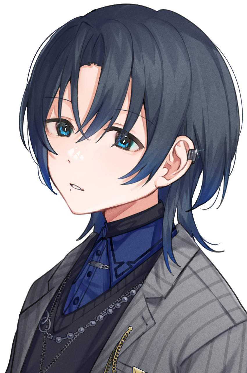 1girl, absurdres, black_sweater, blue_eyes, blue_hair, blue_shirt, collared_shirt, curtained_hair