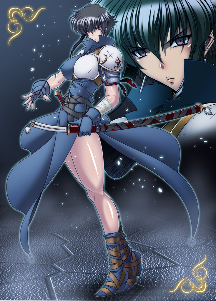 1girl, armor, bandaged_arm, bandages, belt, black_hair, blue_dress, boots
