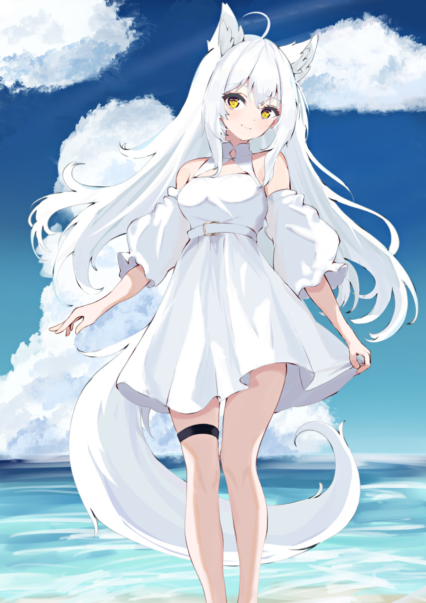 1girl, animal_ear_fluff, animal_ears, beach, blue_sky, breasts, clouds, detached_sleeves