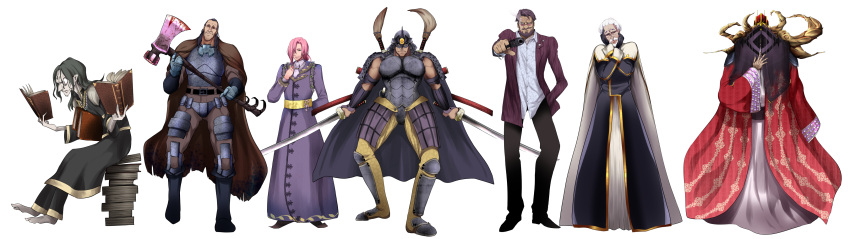 6+boys, absurdres, akaimato, armor, axe, battle_axe, black_hair, book