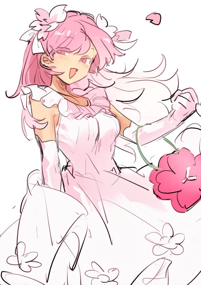 1girl, bag, bare_shoulders, bow, bride, character_request, clenched_hand, collar