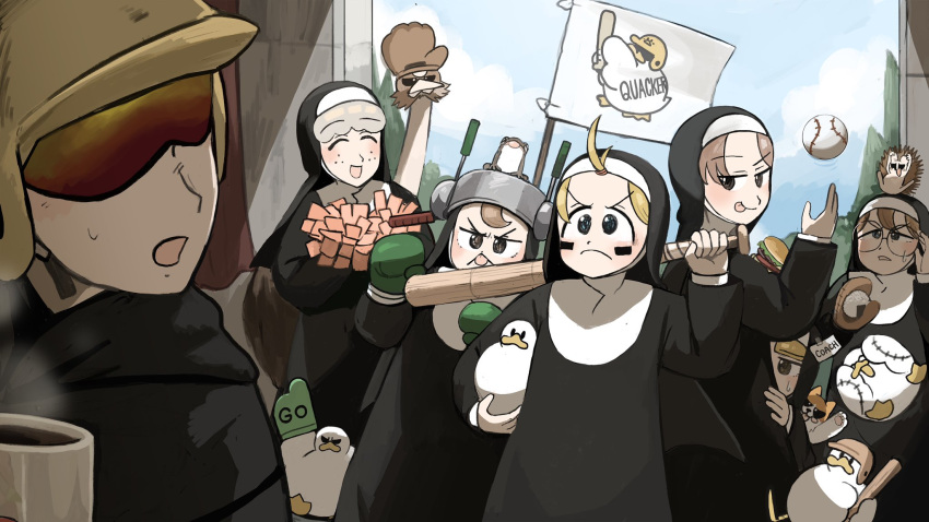1boy, 6+girls, :d, :p, animal_on_head, baseball, baseball_(object), baseball_bat, bird, blonde_hair, blue_hair, blue_sky, boxing_gloves, brown_eyes, brown_hair, burger, cat, chicken, closed_mouth, clumsy_nun_(diva), cricket_monk_(diva), diva_(hyxpk), duck, english_commentary, flag, food, freckles, frog, froggy_nun_(diva), frown, glasses, glasses_nun_(diva), grey_hair, habit, hedgehog, helmet, highres, hungry_nun_(diva), little_nuns_(diva), multiple_girls, nun, on_head, open_mouth, ostrich, round_eyewear, sheep_nun_(diva), shy, sky, smile, spicy_nun_(diva), tongue, tongue_out, traditional_nun
