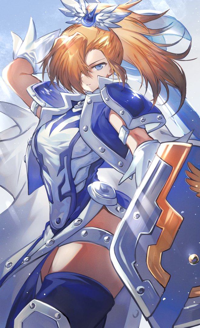 1girl, blue_eyes, blue_thighhighs, breasts, brown_hair, dress, duel_monster, hair_over_one_eye, hajime_daijo, high_ponytail, holding, holding_shield, holding_sword, holding_weapon, knight, long_hair, looking_at_viewer, medium_breasts, paladin, shield, shoulder_pads, silent_paladin, solo, sword, thigh-highs, thigh_strap, weapon, white_dress, yu-gi-oh!