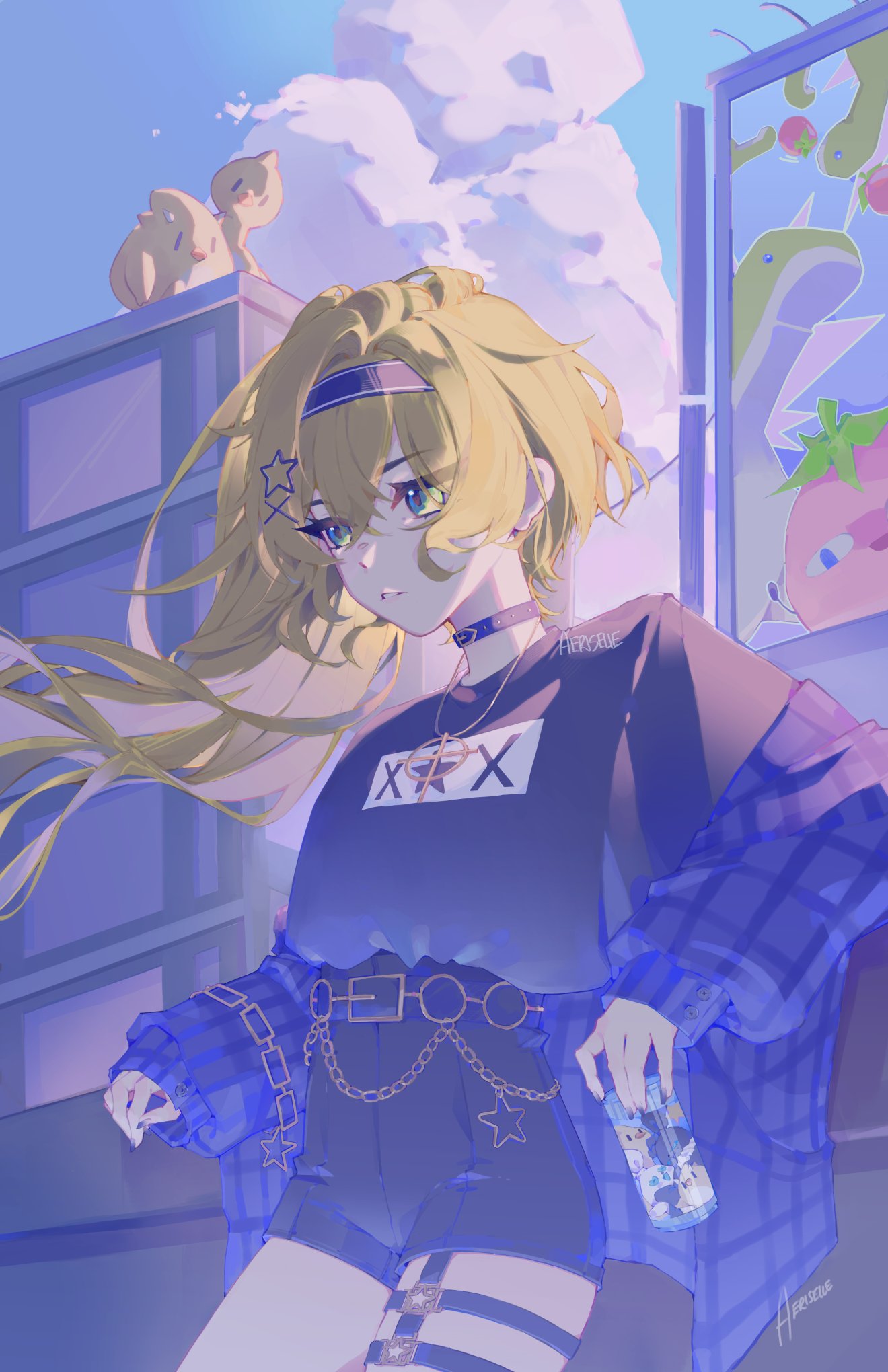 1girl, aeriselle, belt, black_choker, black_hairband, black_shirt, black_shorts, blonde_hair