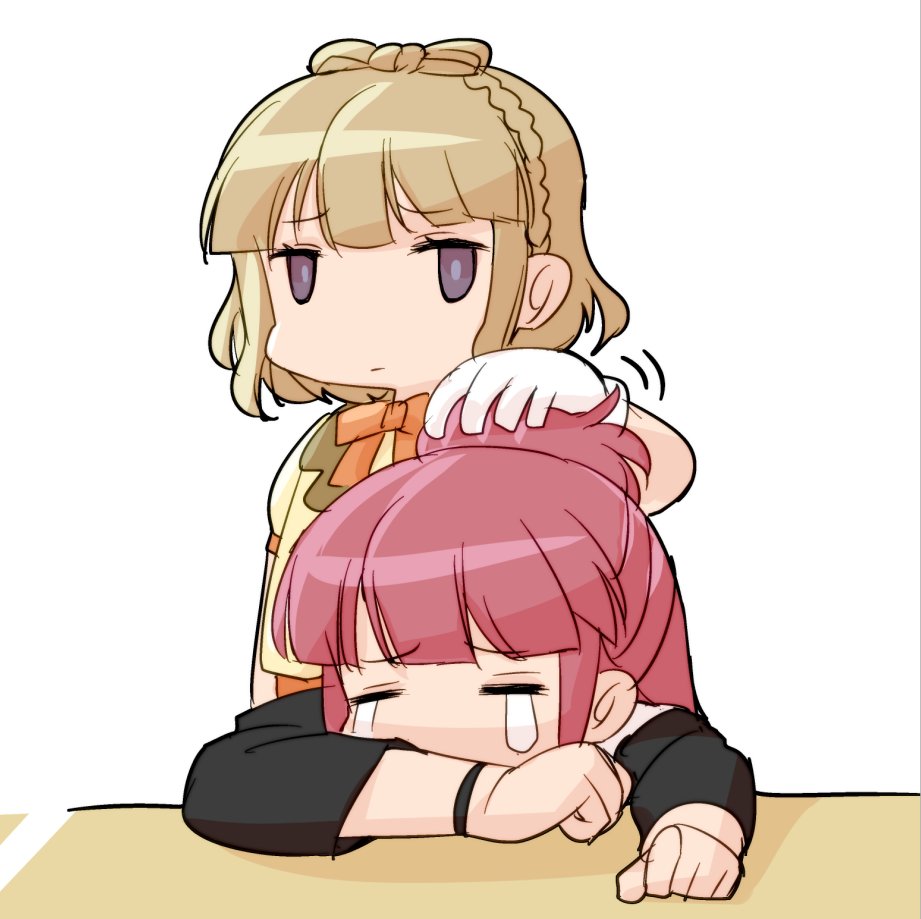 2girls, alice_gear_aegis, ameyoii, bow, chibi, crying, fujino_yayoi, gloves, hair_bow, headpat, light_brown_hair, multiple_girls, redhead, shimoochiai_touka, violet_eyes, white_background, white_gloves