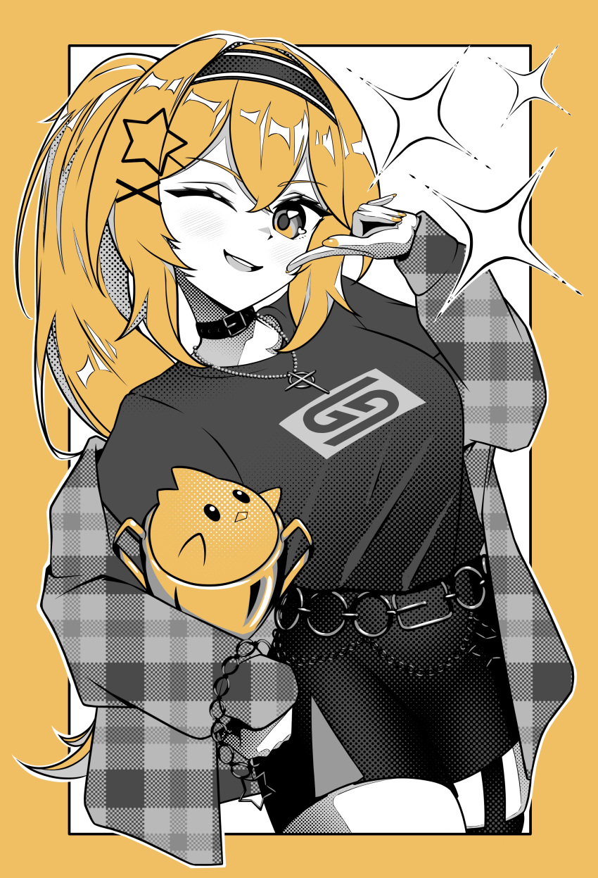 1girl, absurdres, black_headband, black_shirt, black_shorts, collar, cowboy_shot, dokibird_(vtuber)