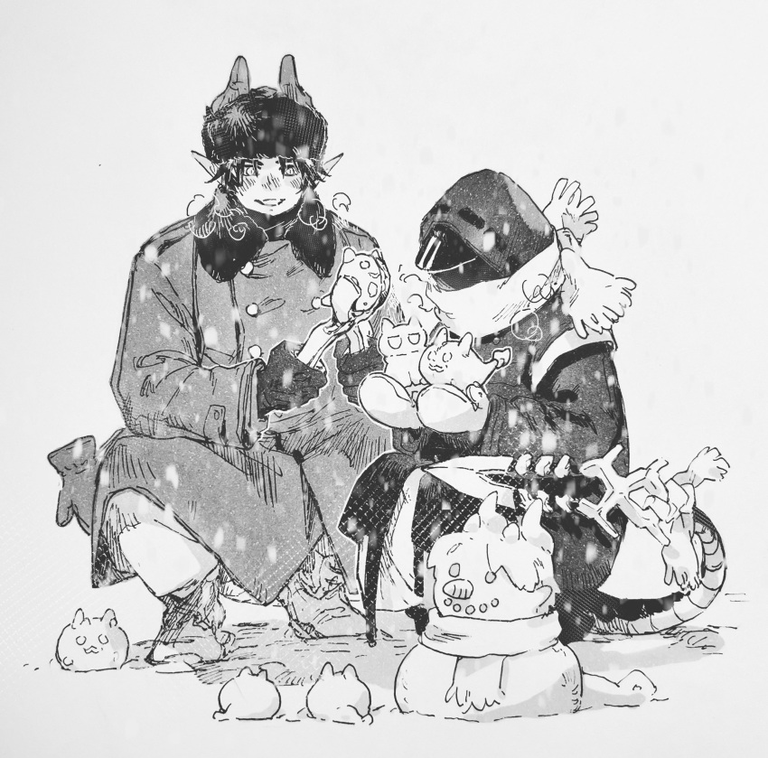 1boy, 1other, ambiguous_gender, arknights, character_snowman, chinese_commentary, chong_yue_(arknights), choshanland_plushy_(arknights)