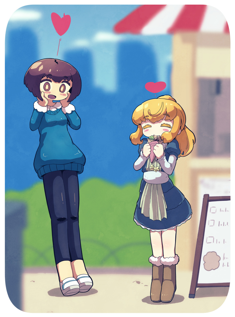 2girls, alice_gear_aegis, blonde_hair, blue_dress, blue_sweater, blush, brown_footwear, brown_hair
