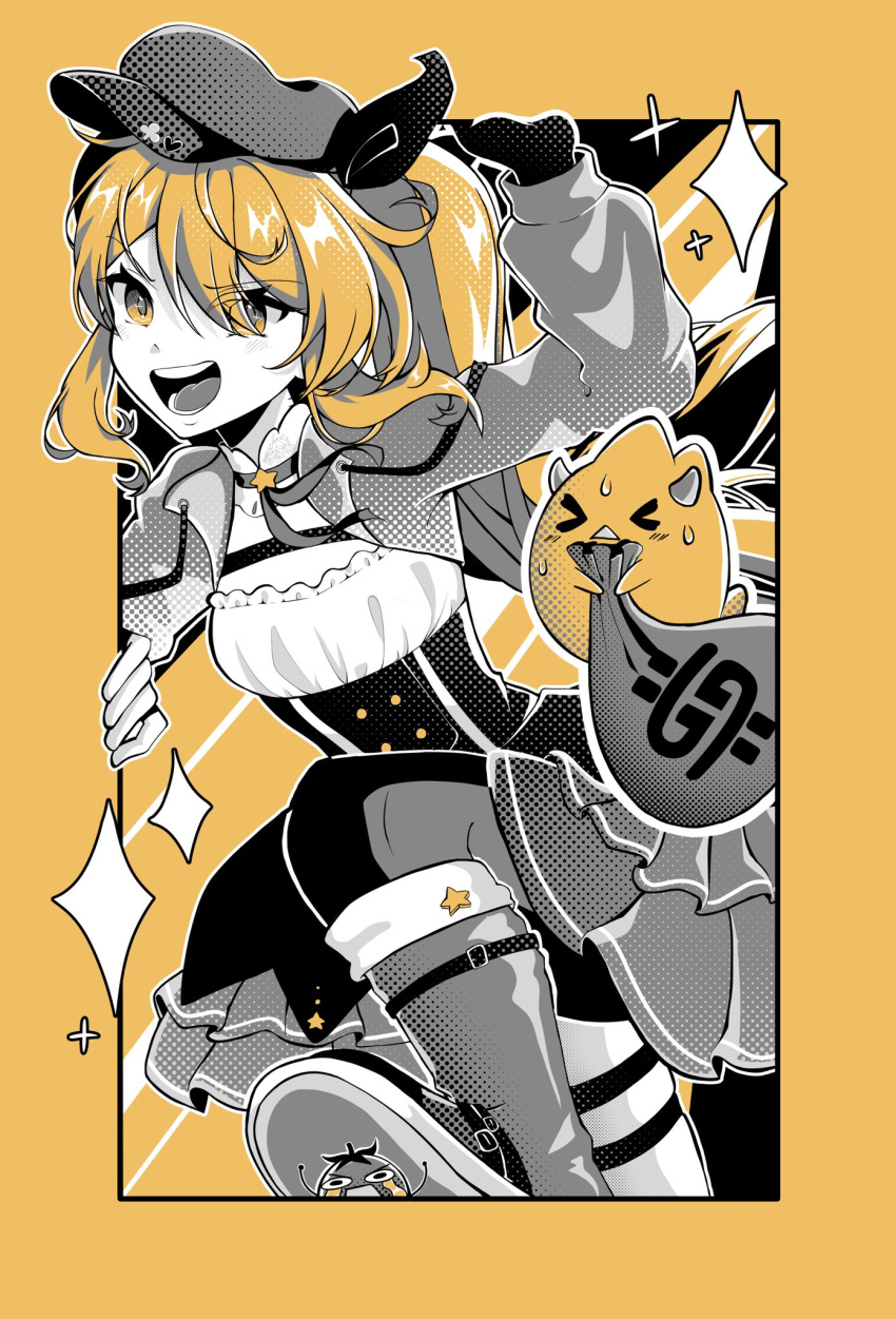 blonde_hair, boots, cropped_jacket, dokibird_(vtuber), dokibird_(vtuber)_(tomato), dragoon_(dokibird), dress, feet_out_of_frame