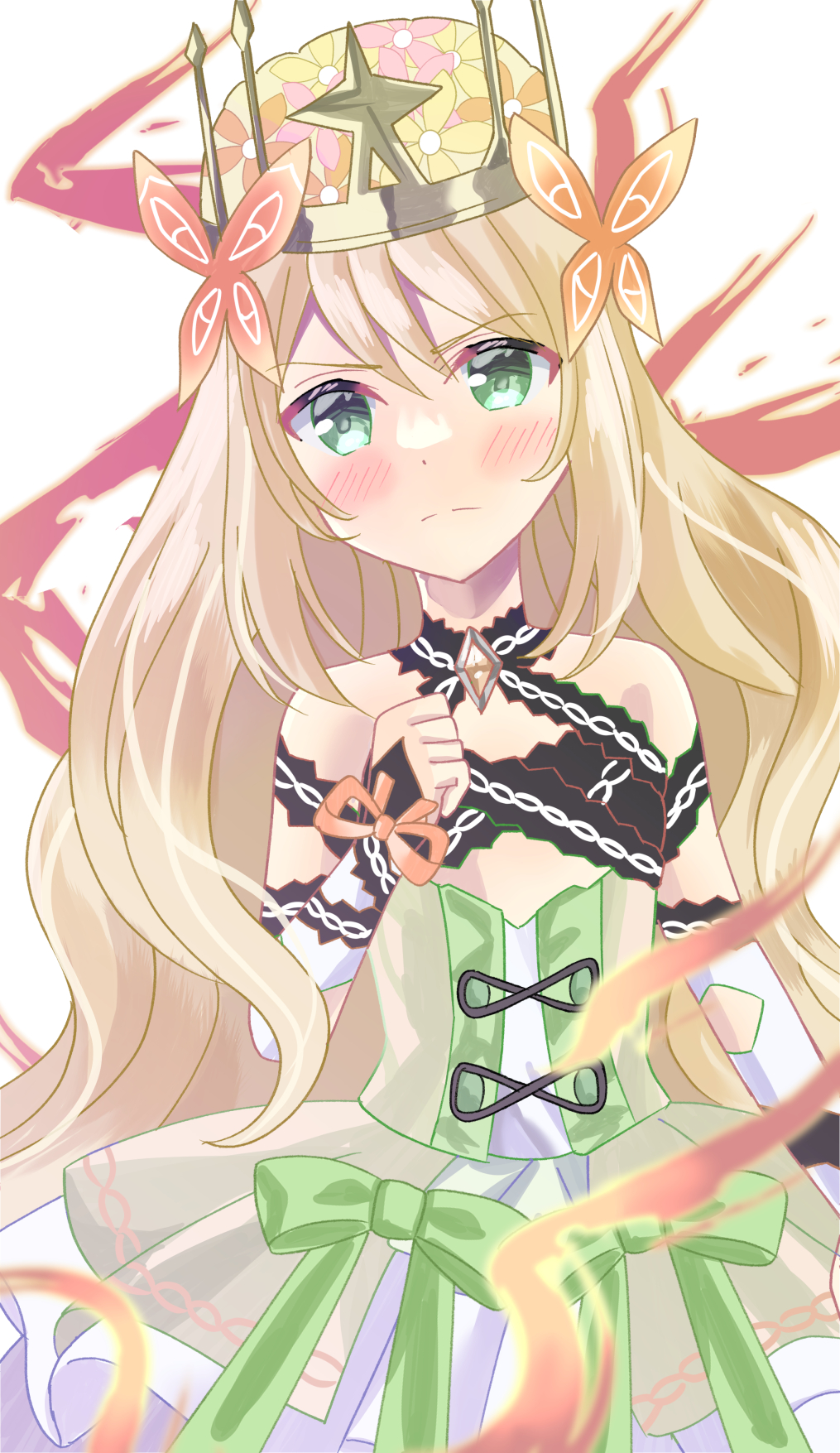 1girl, bare_shoulders, blonde_hair, blush, bow, butterfly_hair_ornament, celine_(fire_emblem), clenched_hand
