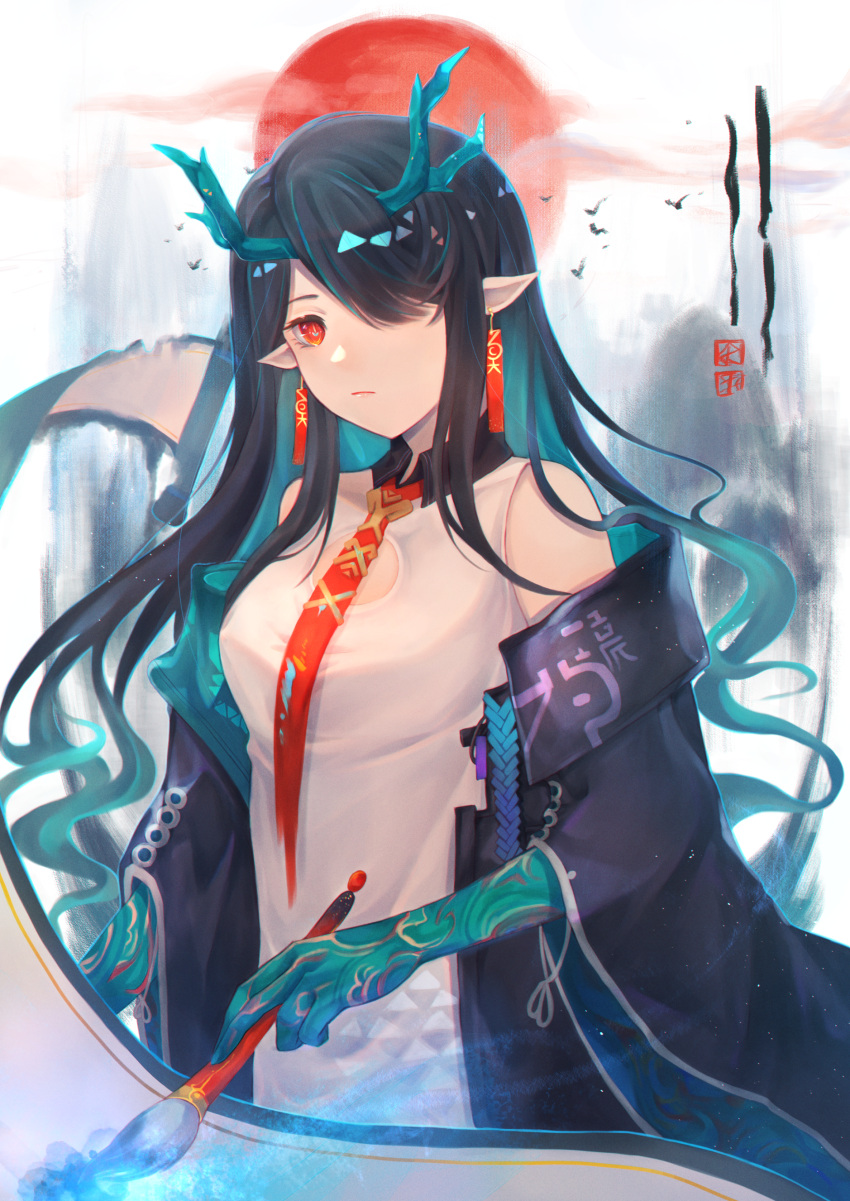 1girl, absurdres, arknights, black_hair, bright_pupils, dragon_girl, dragon_horns, dragon_tail