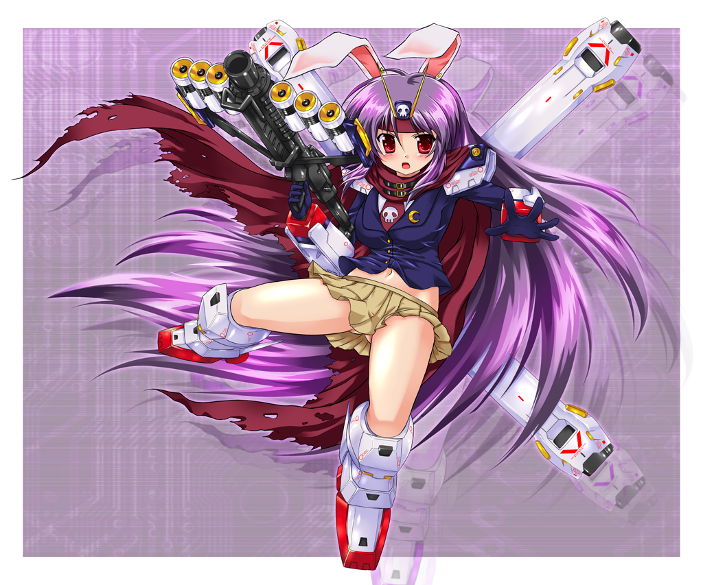 animal_ears, blazer, bow_(weapon), bunny_ears, cape, crescent, crossbone_gundam, crossbone_gundam_x-1