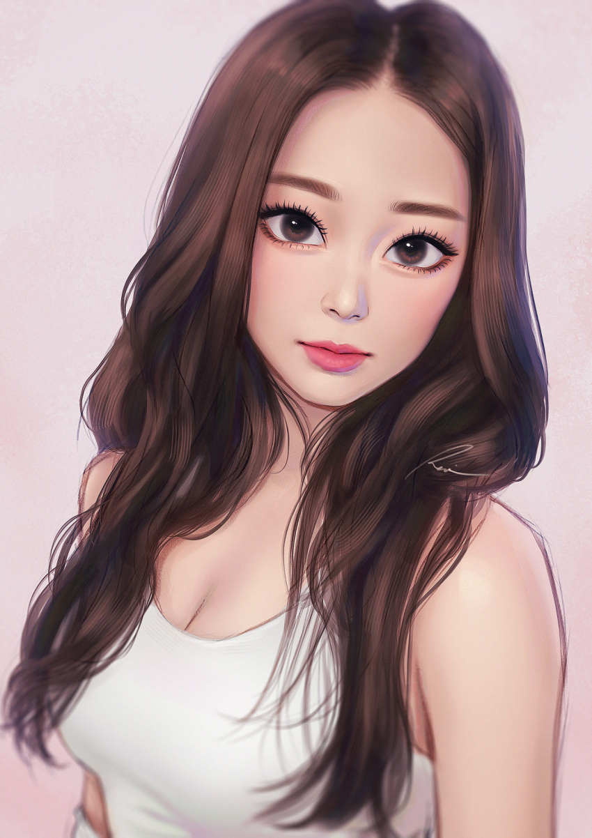 1girl, breasts, brown_eyes, brown_hair, highres, lips, long_hair, looking_at_viewer
