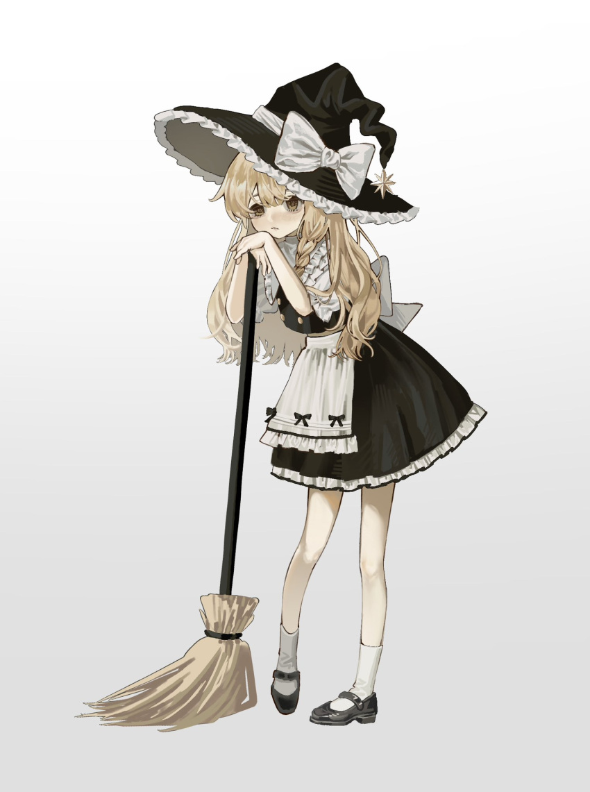 1girl, apron, back_bow, black_hat, black_skirt, black_vest, blonde_hair, bow