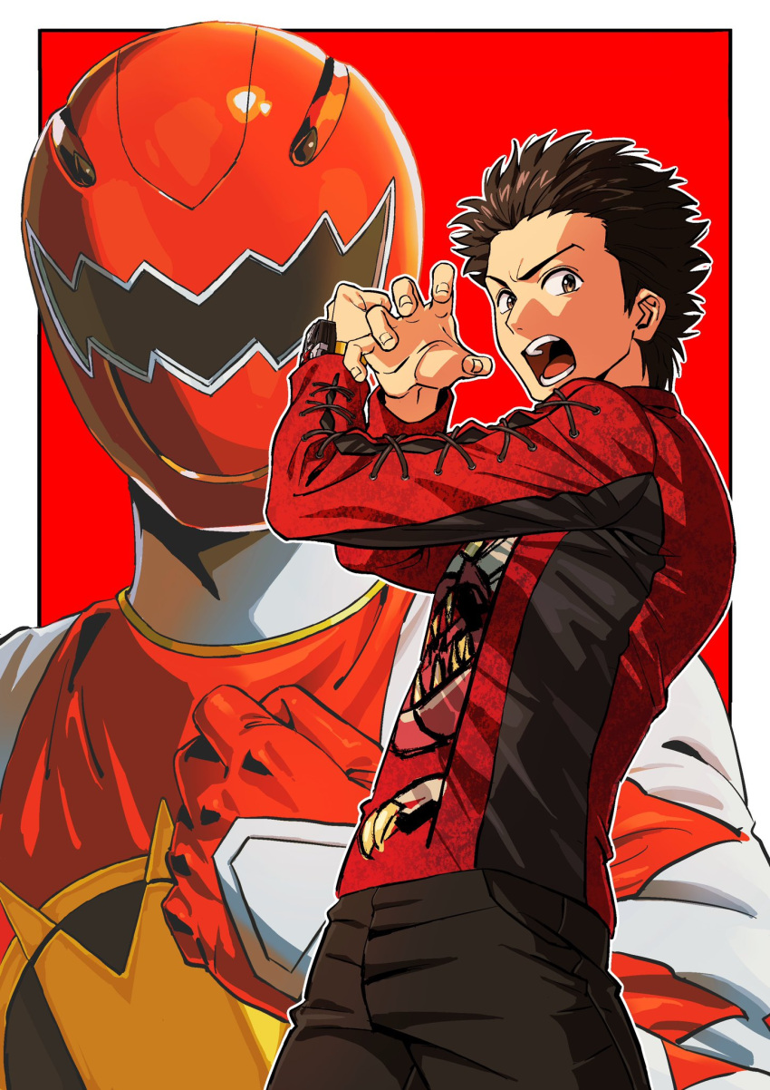 1boy, abared, armor, assault_visor, bakuryuu_sentai_abaranger, black_hair, black_pants, clenched_hand, cross-laced_clothes, cross-laced_top, dino_brace, hakua_ryouga, helmet, highres, male_focus, pants, power_armor, red_background, red_helmet, red_shirt, red_theme, shirt, super_sentai, waa_(963_yz)