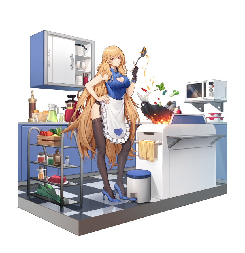 1girl, apron, artist_request, blonde_hair, blue_collar, blue_sweater, bottle, braid