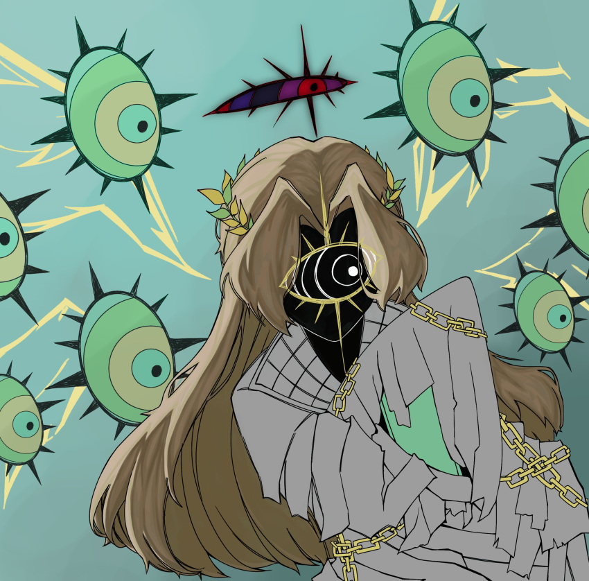 angel, black_skin, brown_hair, chain, colored_skin, disembodied_eye, e.g.o_(project_moon), evil_eyes, highres, jacket, laurel_crown, limbus_company, long_hair, looking_to_the_side, monster_girl, multicolored_eyes, one-eyed, project_moon, rodion_(project_moon), simple_background, taegwonsonyeo, white_jacket