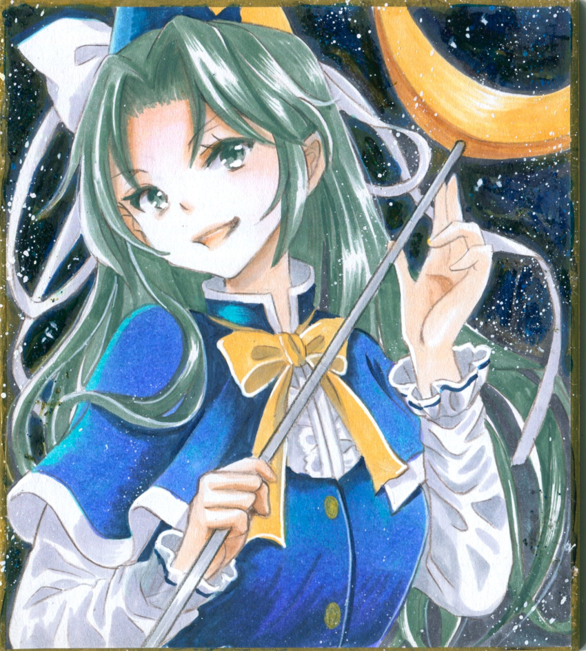 1girl, blue_capelet, blue_hat, blue_vest, bow, bowtie, breasts, buttons