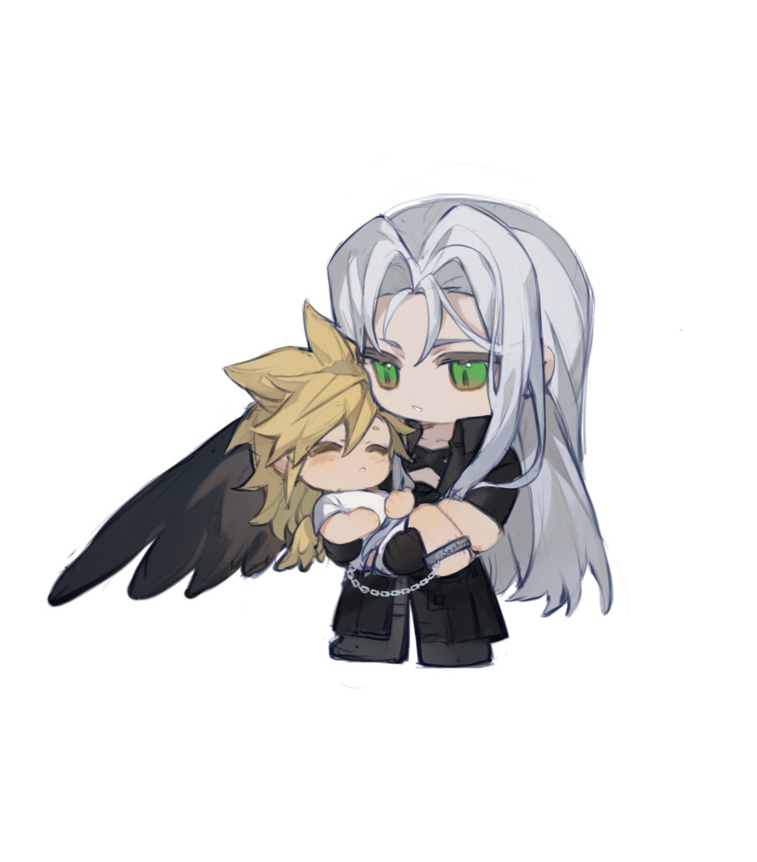 2boys, aged_down, barefoot, black_coat, black_footwear, black_wings, blonde_hair, blush