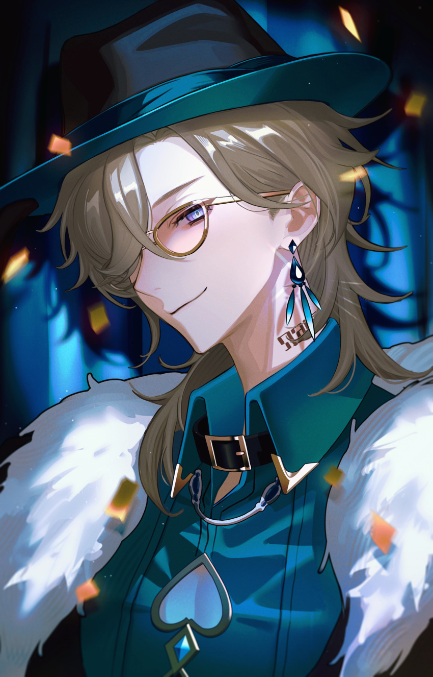1boy, absurdres, aqua_shirt, aventurine_(honkai:_star_rail), bishounen, black_hat, blonde_hair, branded