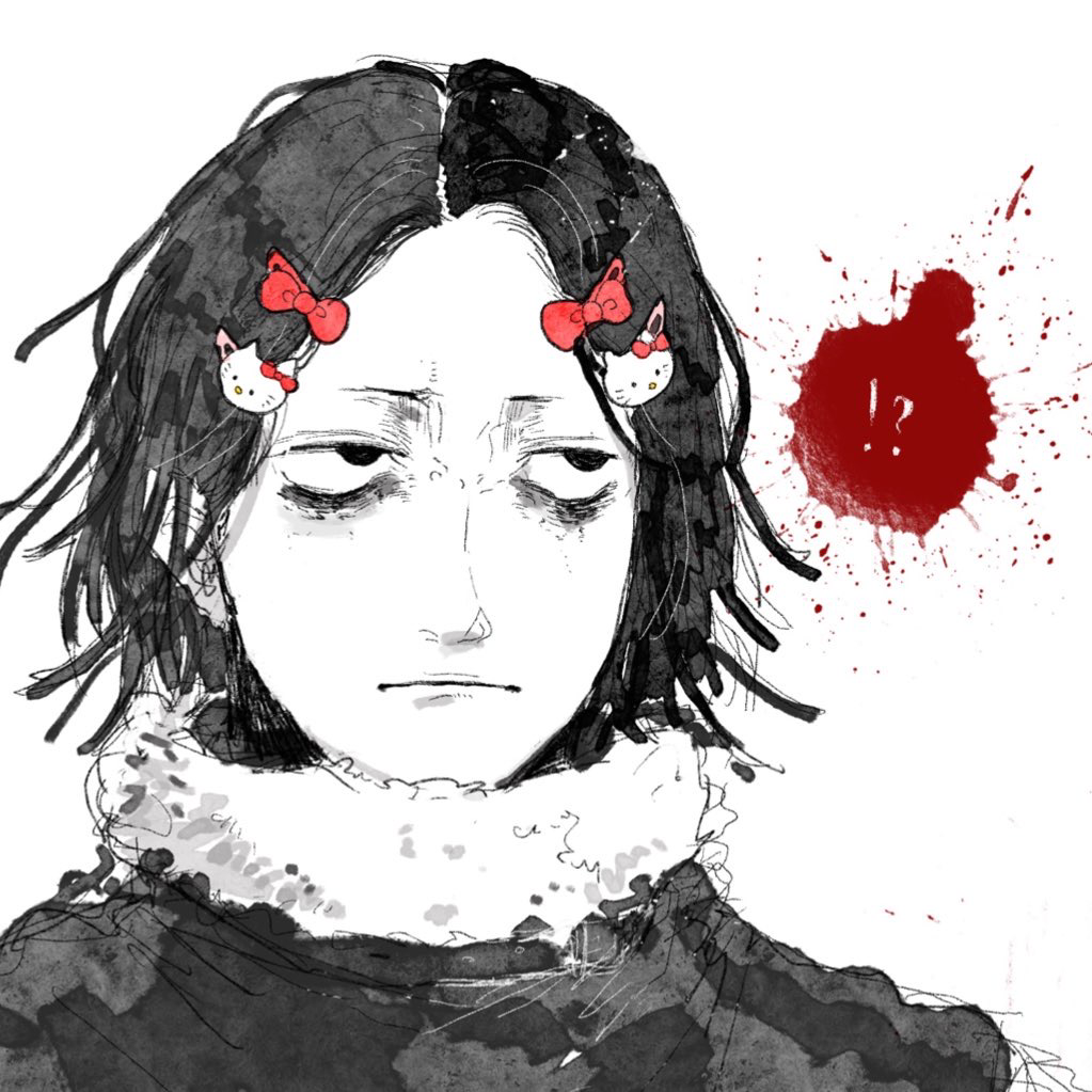 !?, 1boy, bags_under_eyes, black_eyes, blood, character_hair_ornament, fur_trim, hair_ornament