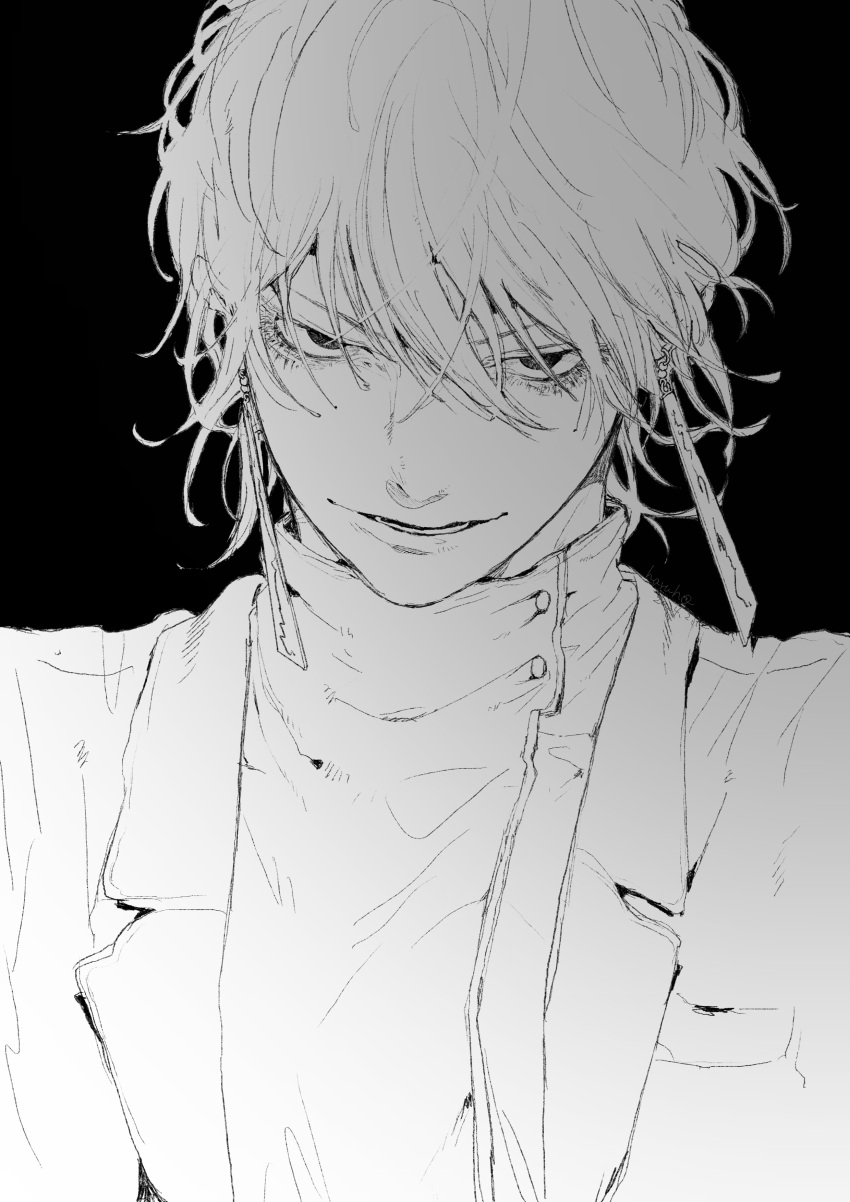 1girl, absurdres, earrings, greyscale, hair_between_eyes, haruho_drst, highres, jewelry