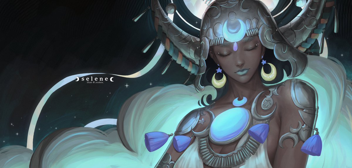 1girl, black_helmet, closed_eyes, crescent, crescent_earrings, crescent_hat_ornament, dark-skinned_female, dark_skin