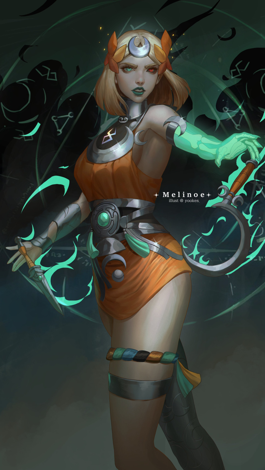 1girl, absurdres, ancient_greek_clothes, asymmetrical_arms, black_sclera, blonde_hair, bone, colored_sclera