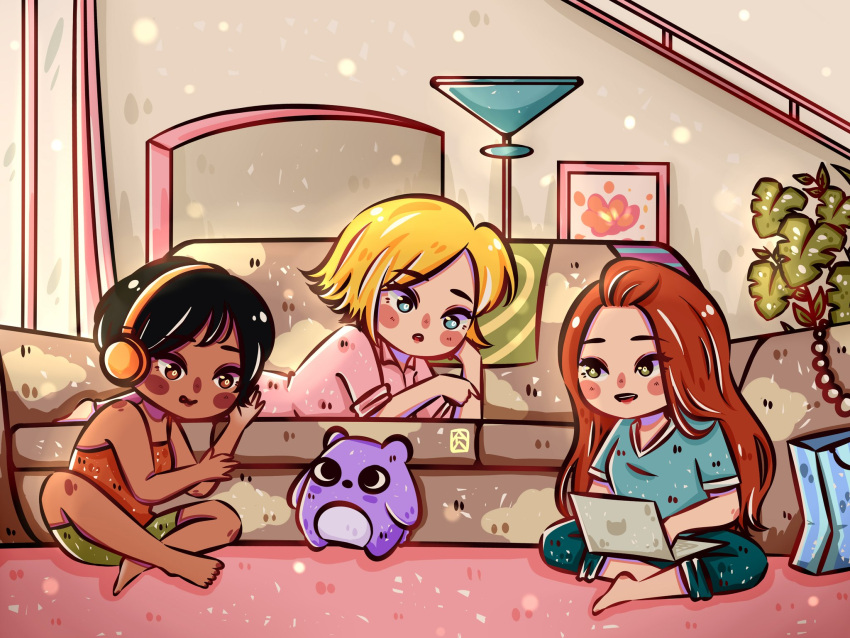 3girls, agarjelipuding, alex_(totally_spies), black_hair, blonde_hair, blue_eyes, blue_shirt, blush_stickers