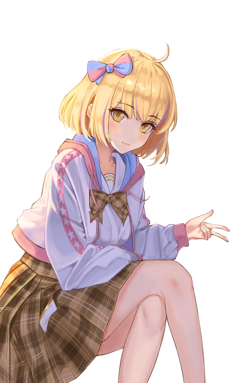 1girl, absurdres, ahoge, bare_legs, blonde_hair, blue_bow, bow, bowtie