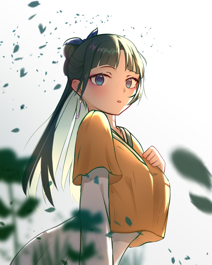 1girl, absurdres, blue_eyes, blurry, blurry_foreground, bow, day, earrings