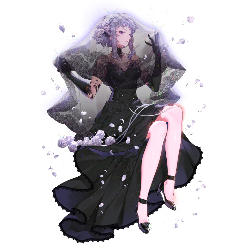 1girl, artist_request, beads, black_collar, black_dress, black_gloves, black_straps, black_veil