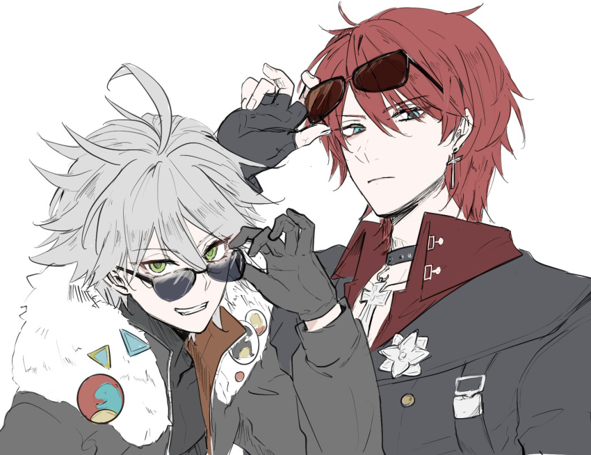 2boys, black_gloves, blue_eyes, crow_(tower_of_fantasy), glasses, gloves, green_eyes, grey_hair
