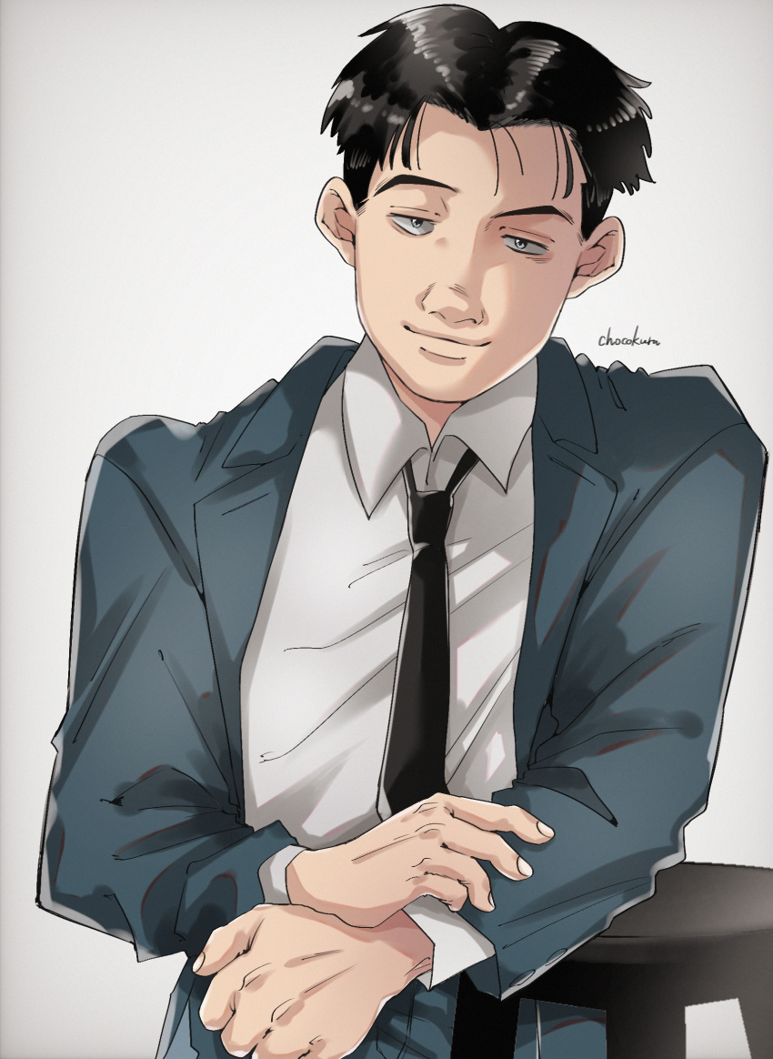 1boy, artist_name, black_hair, black_necktie, chocokuru_(pikupikupikuminn), grey_suit, highres, light_smile, looking_at_viewer, male_focus, master_keaton, necktie, shirt, simple_background, solo, standing, stool, suit, taichi_hiraga_keaton, white_background, white_shirt